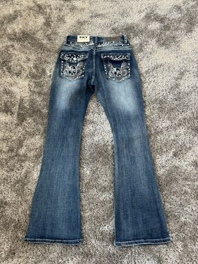 Sky Embellished Back-Pocket Flare Jeans - Blue